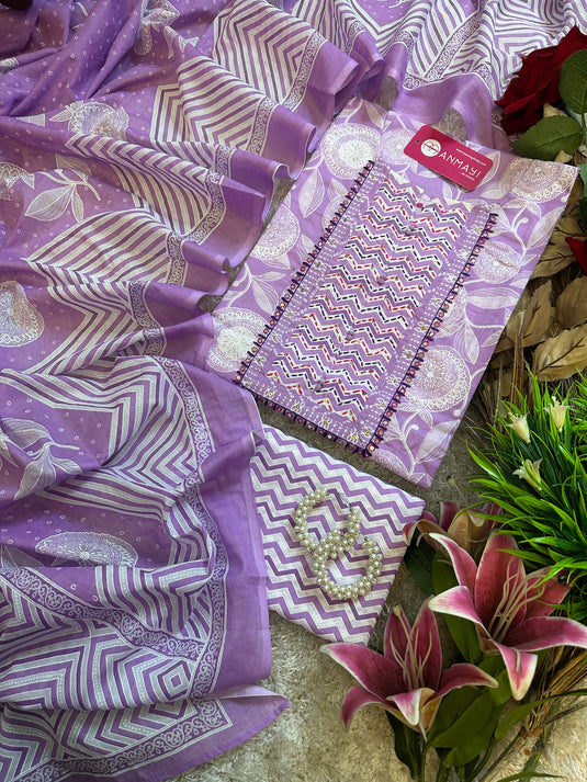 Lilac floral print pure cotton suit with mul dupatta