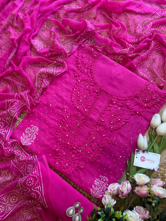 Fuchsia pink pure cotton Chikankari neck suit set