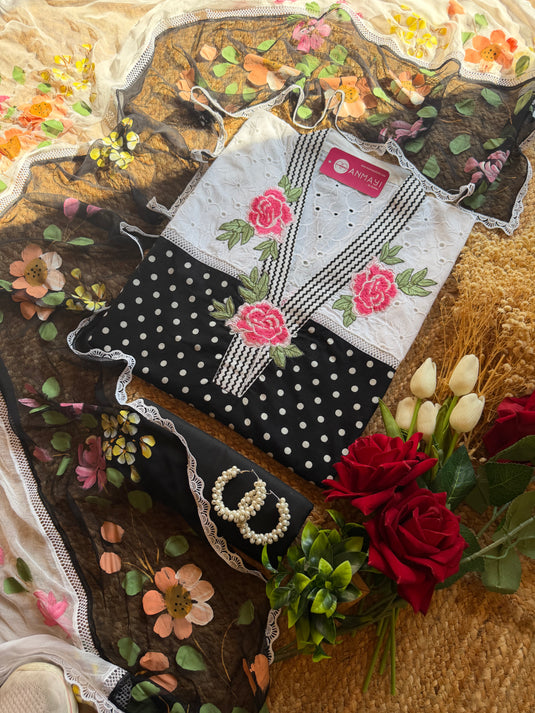 Hakooba neck polka dots pure cotton suit set with handpaint flower dupatta