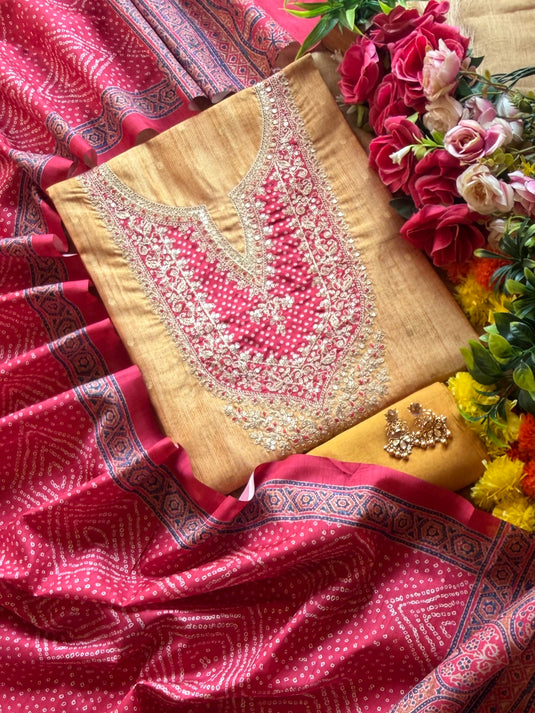 Patched bandhani Dori art Tussar silk suit set