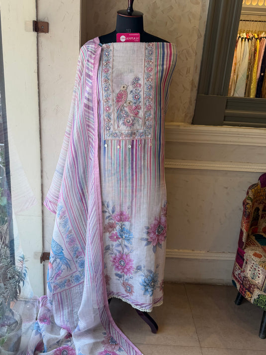Sparrow house stripy digital print linen suit set