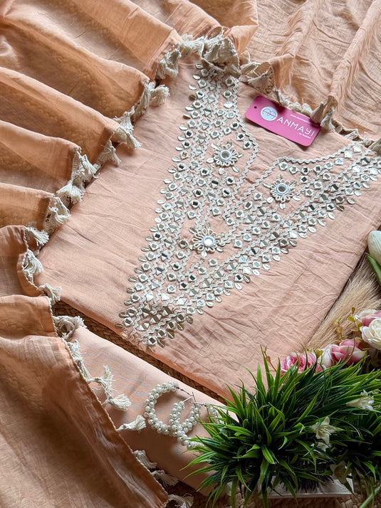 Crochet mirror neck Mul Chanderi suit set