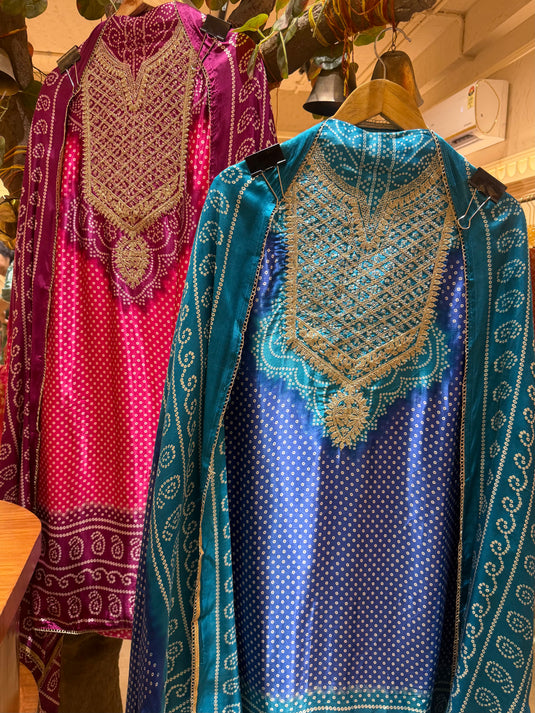 Bandhani dori work gajji silk suit set