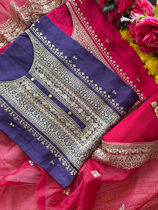 Art raw silk dori neck suit with organza dupatta