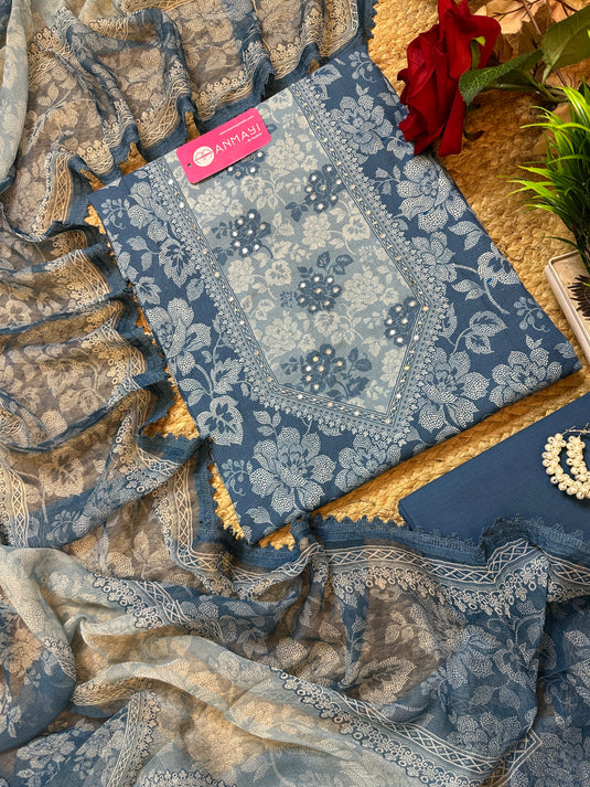 Indigo floral pure cotton suit with pure chiffon dupatta