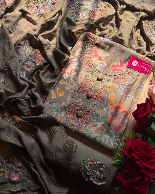 Printed pastel grey modal suit set