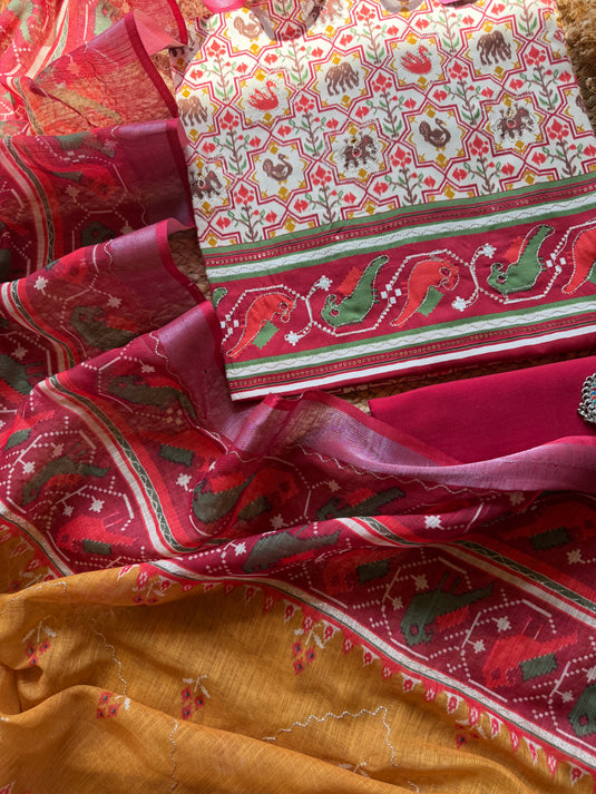 Cambric cotton Patola print suit set with highlighting and linen dupatta