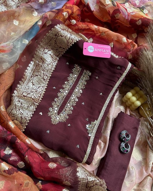 Pure Georgette mirror work maroon suit with Banarasi dupatta