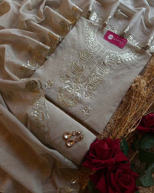 English shades pita work Mul Chanderi suit set