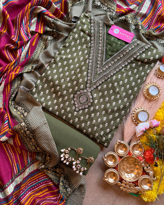 Soft Pashmina brocade print suit set