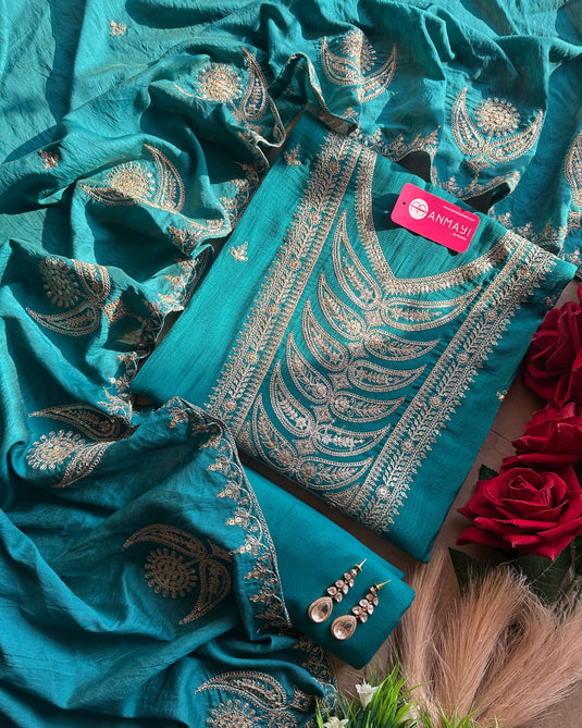 Cotton silk dori work yog neck suit set