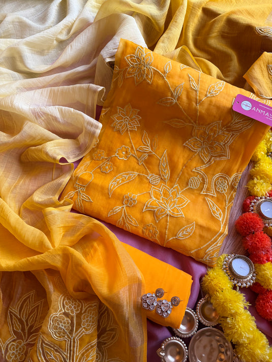 Ombré pure mul suit set with organza patch and straw work