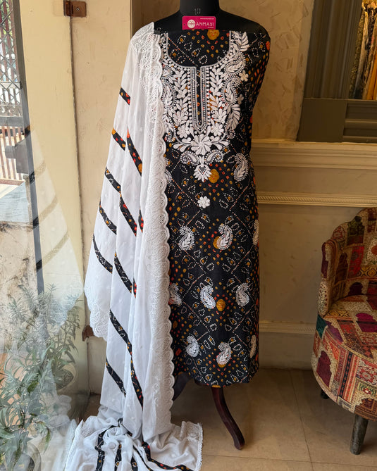 Bandhani print chikan neck pure cotton suit set