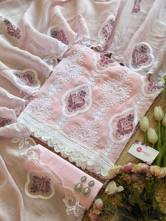 Embossed pearl work pastel Mul cotton suit set