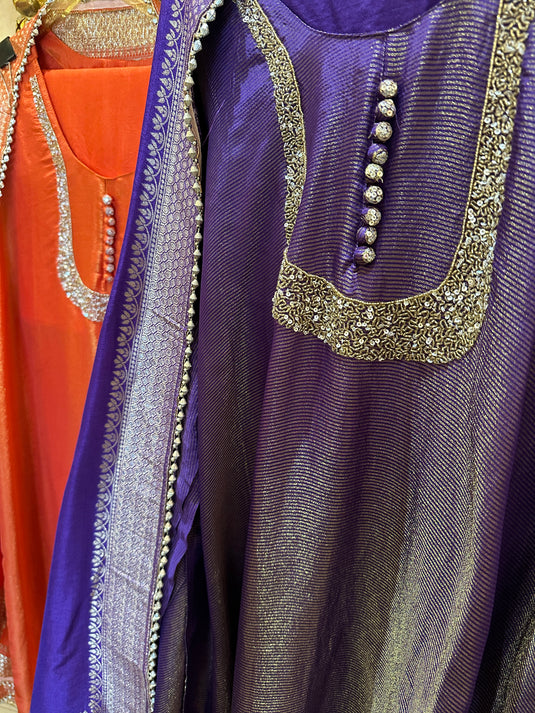 Shimmer lines u neck cutwork suit set
