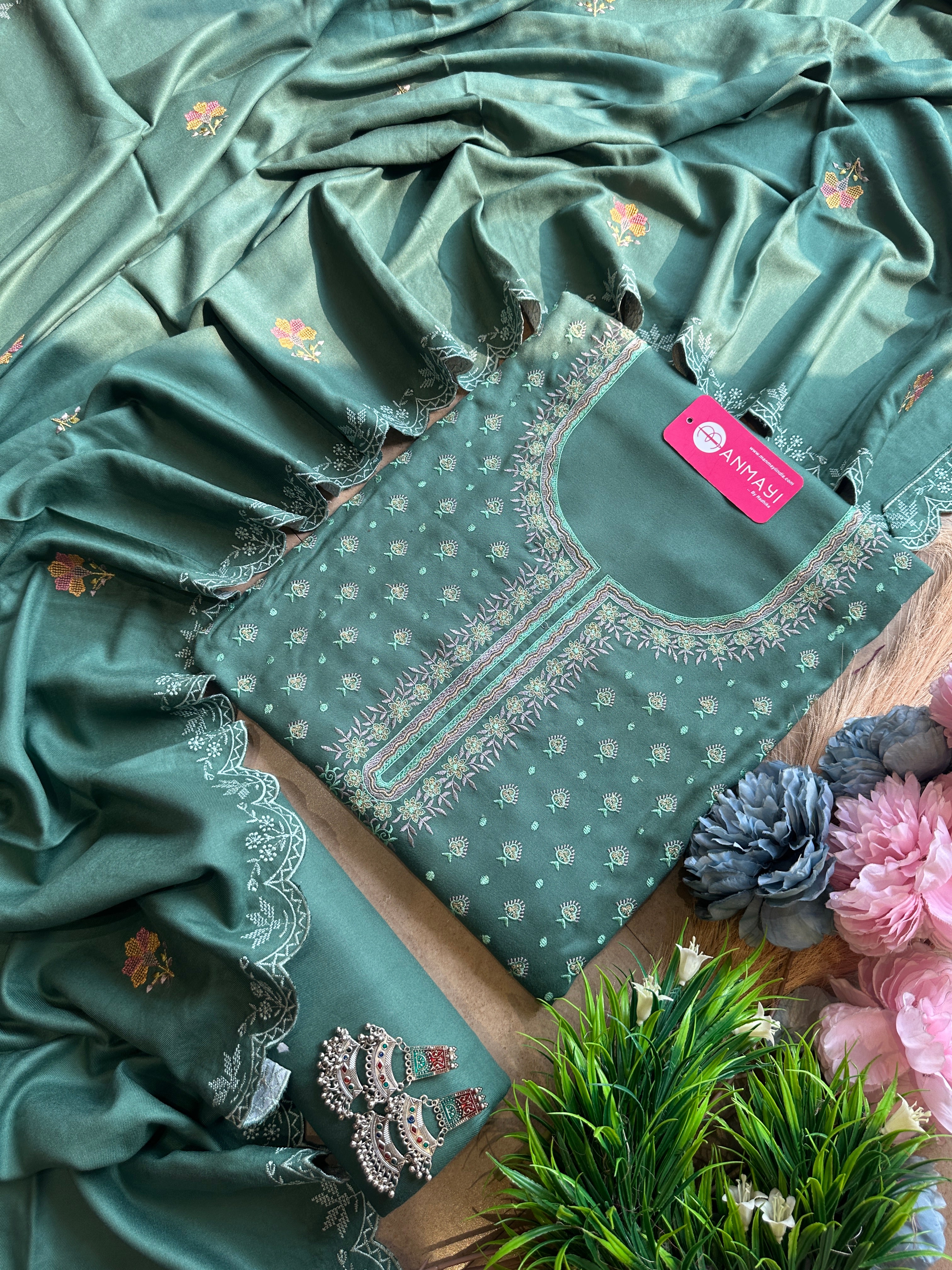 Pure and soft pashmina booti work suit set