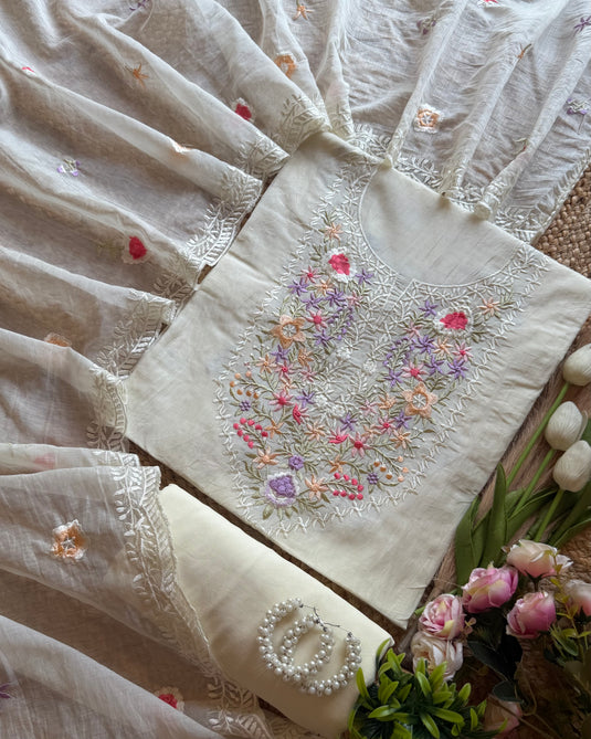 Parsi work soft pastel mul chanderi suit set
