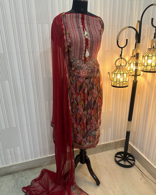 Digital print organza suits with embroidered cutwork detail