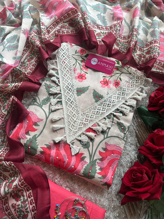 Soft jaam cotton Kani print pearl tassel work suit set