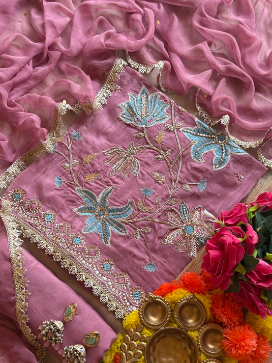 Floral platter embroidered glass organza suit set