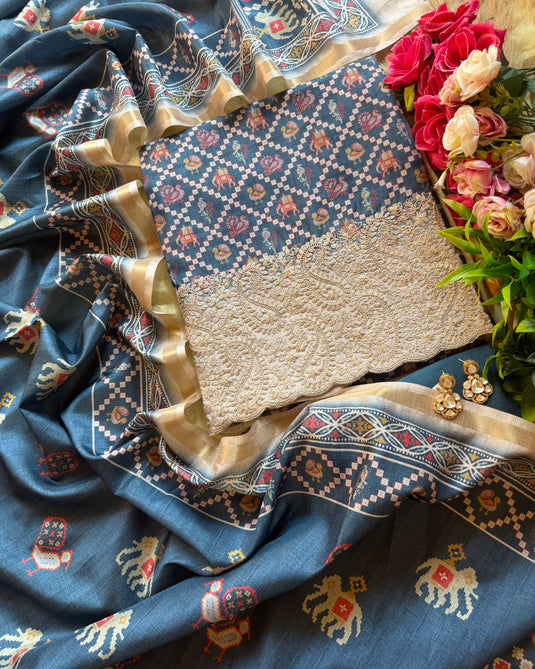 Patola print Dori border art Tussar silk suit set