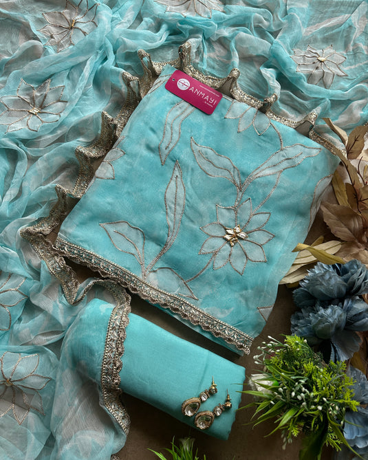 Soft pastel organza suits with gotta outline details and chiffon dupatta