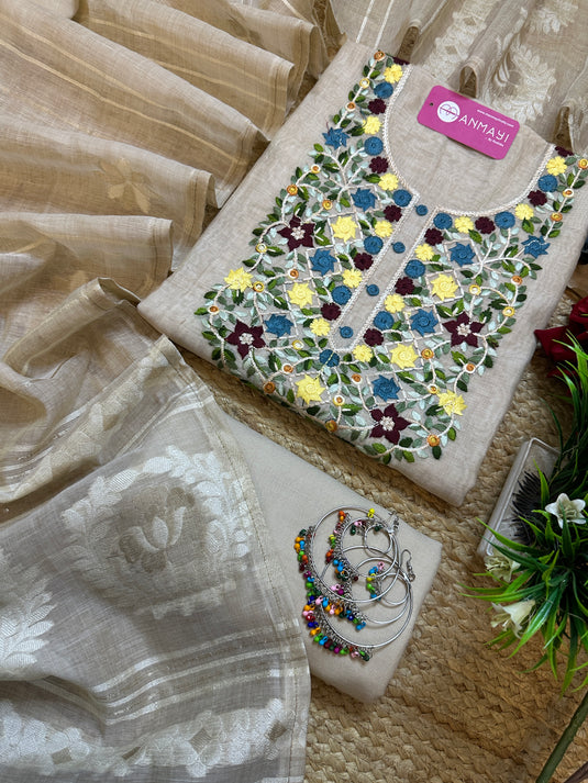 Jamdani cotton silk French knot work neck suit set