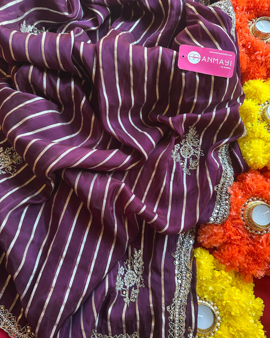Stripes georgette embroidered saree with raw silk blouse
