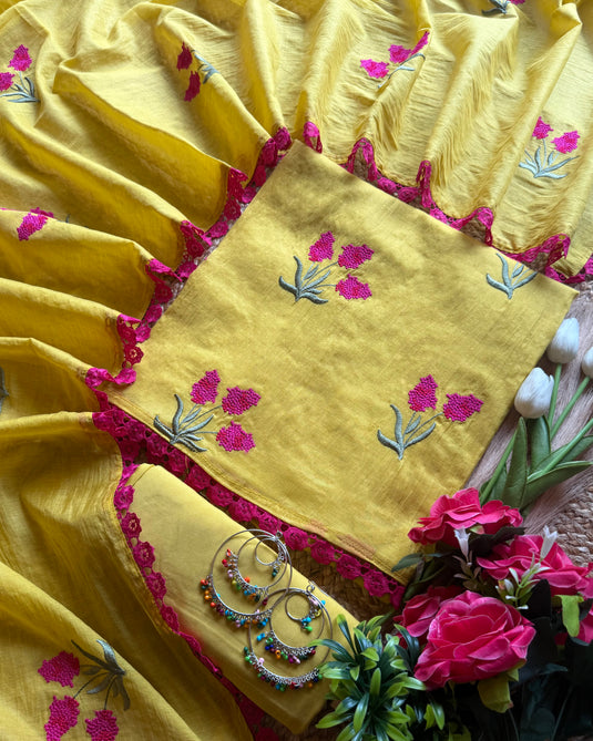 Raspberry french knots soft Mul Chanderi suit set