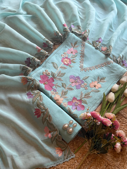 Embroidered panel pure mul cotton suit set
