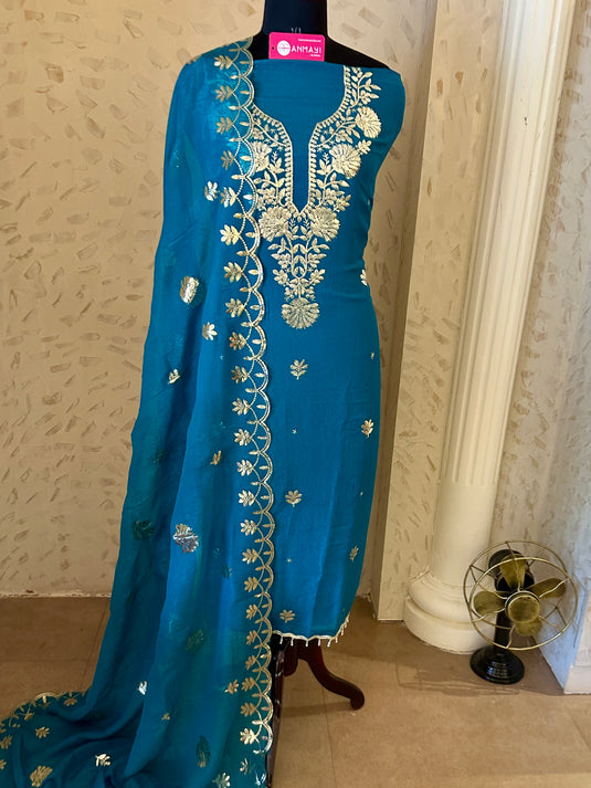 Silver pita work crushed artificial silk suit set