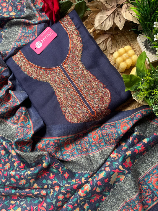 Aari work neck woollen suits with Kani print shawls