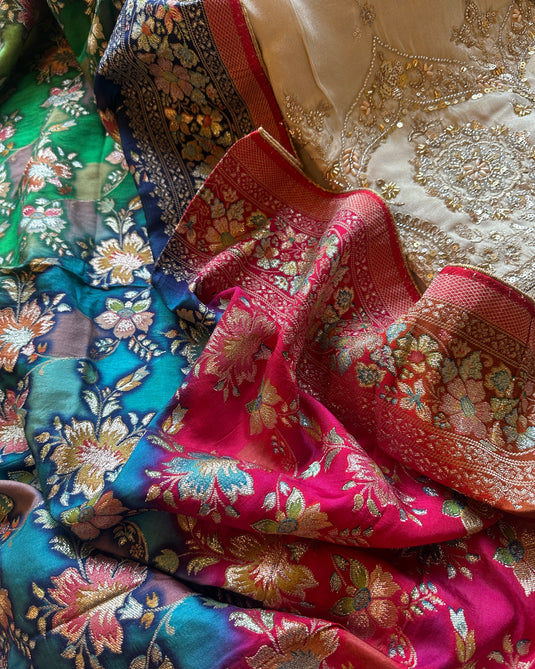 Kanjivaram hand embroidered shimmer silk suit set with coloured dupatta