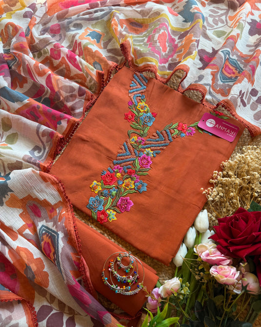 Modal muslin hand embroidered suit set with printed Georgette dupatta