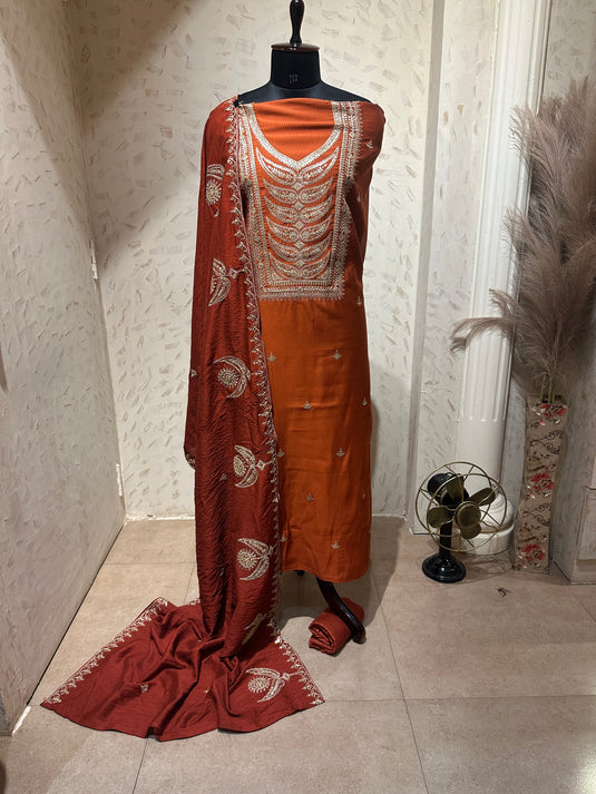 Cotton silk dori work yog neck suit set