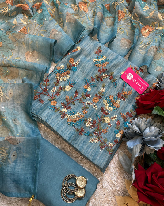 Soft chanderi French knot work suit sets with digital highlights dupatta