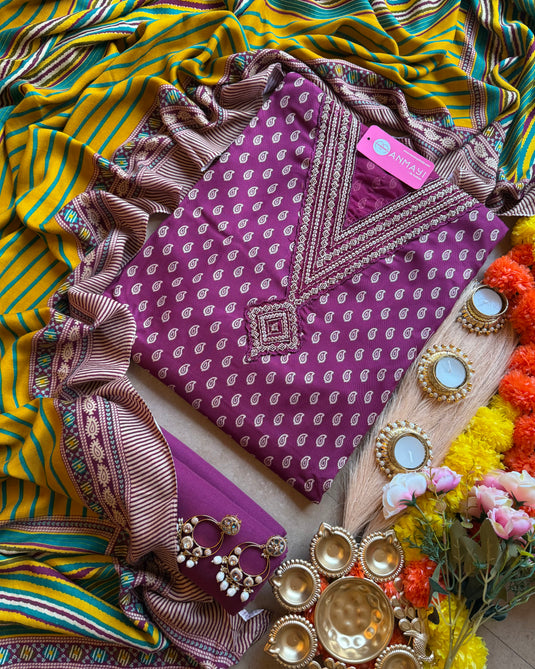 Soft Pashmina brocade print suit set