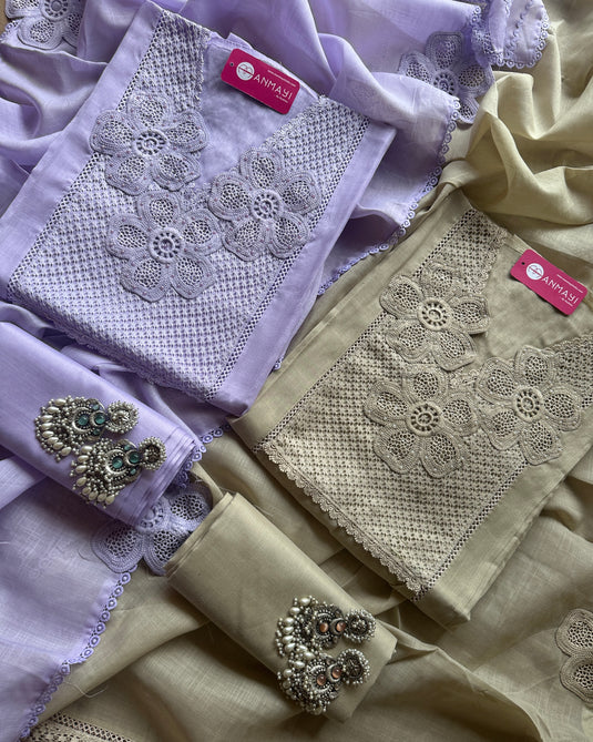 Pakistani cotton linen crochet work suit sets
