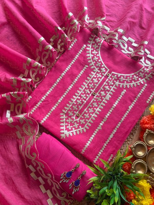 Leather patched patterned Mul Chanderi suit set
