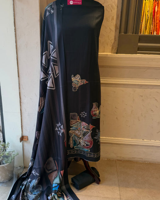 Spun Pashmina abstract print highlighted suit set