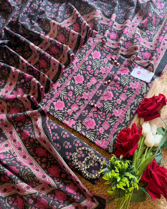 Black pink Pakistani pure cotton suit set with laces