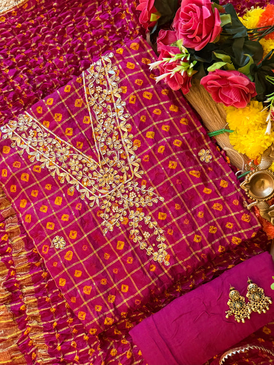 Ghadchola cotton silk Kundan neck suit set