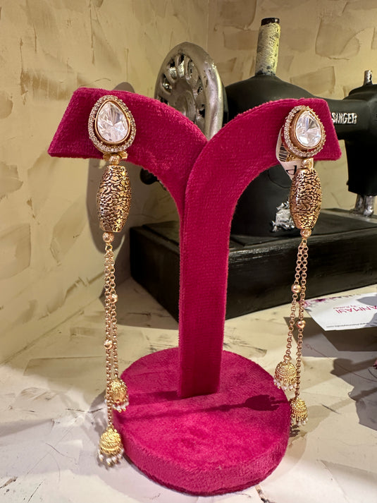 Kashmiri hanging bell gold Kundan earrings