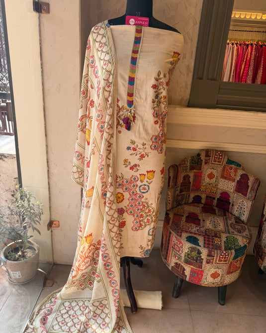 Mul cotton patterned print cream suit set with shantoon bottom and muslin dupatta
