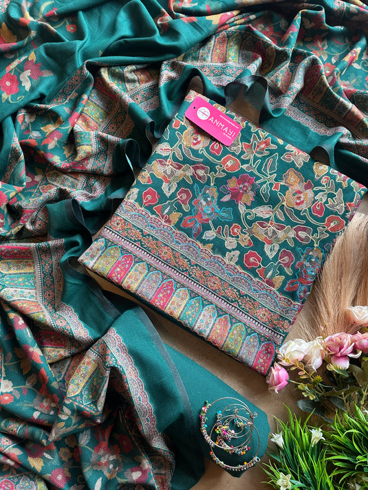 Aari work outline alpine pashmina coloured suit set