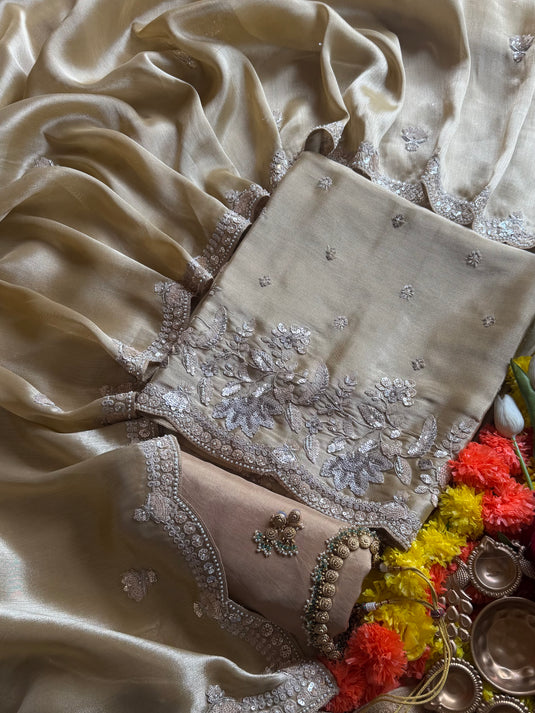 Gold hand embroidered Kanjivaram silk suit set