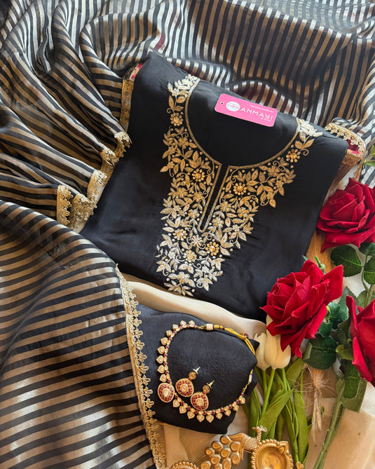 Zardosi hand embroidered Georgette suit set with Banarasi lines dupatta