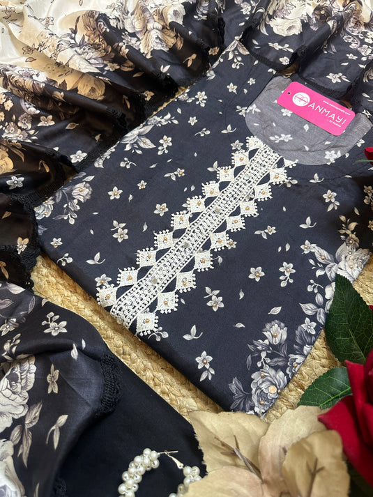 Pakistani black white combination semi stitched printed suit