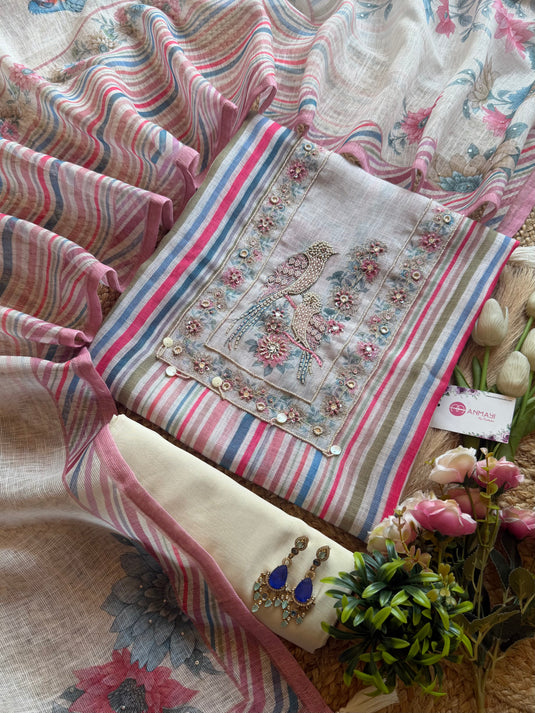 Sparrow house stripy digital print linen suit set