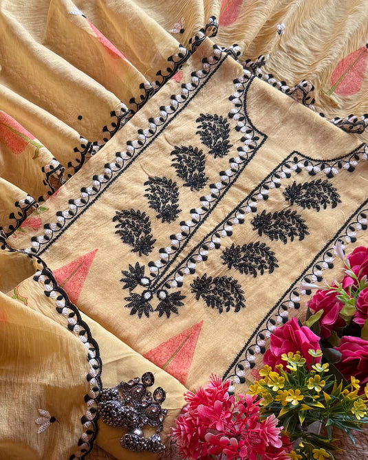 Blocks and pearl pastel Mul Chanderi suit set